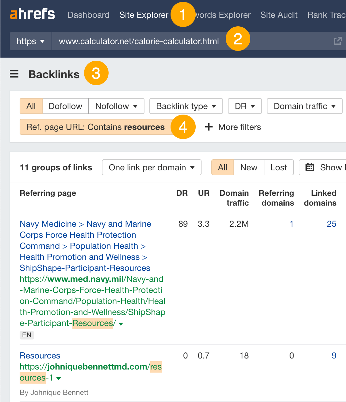 Finding resource pages in Ahrefs' Site Explorer