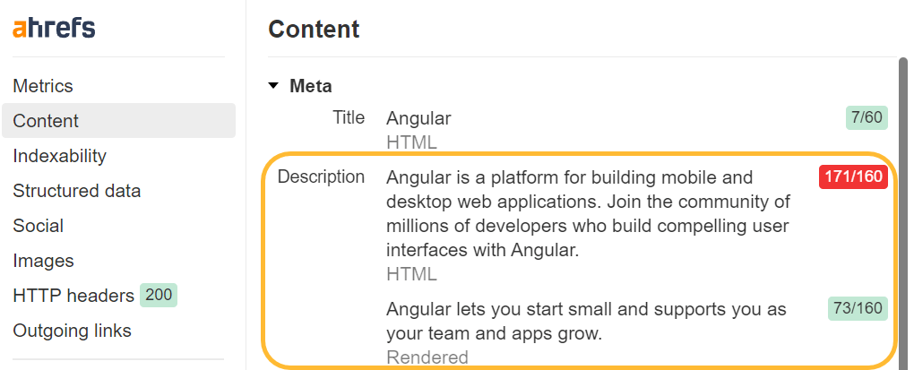 Ahrefs' SEO Toolbar shows differences between raw and rendered tags like title, description, canonical