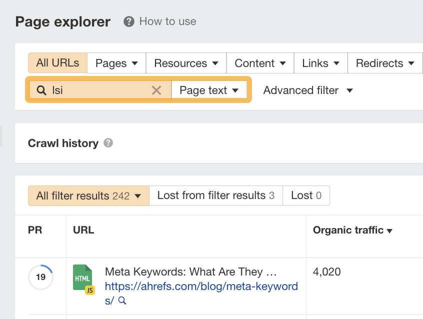 Page Explorer results with filters applied, via Ahrefs' Site Audit
