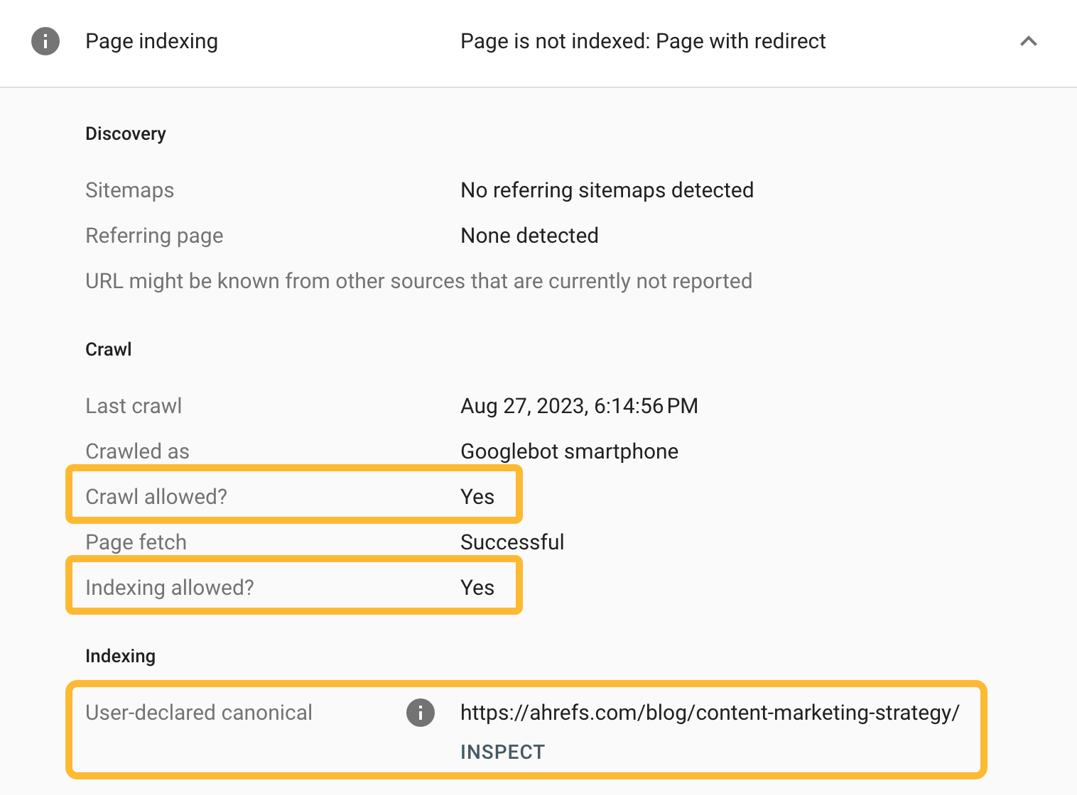 Checking a page's crawl and indexing status in Google Search Console
