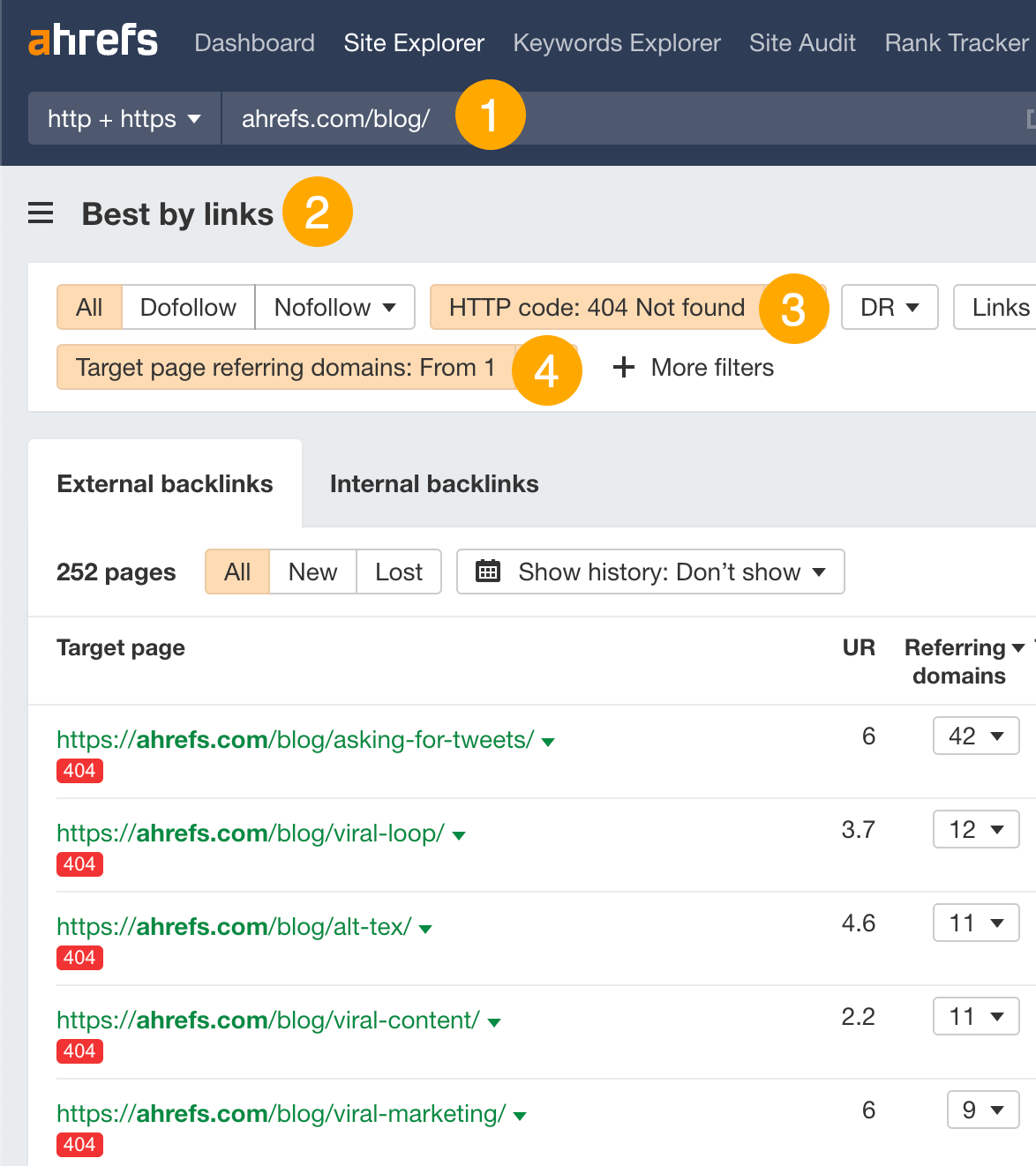 Finding 404 pages with backlinks using the Best by links report in Ahrefs' Site Explorer
