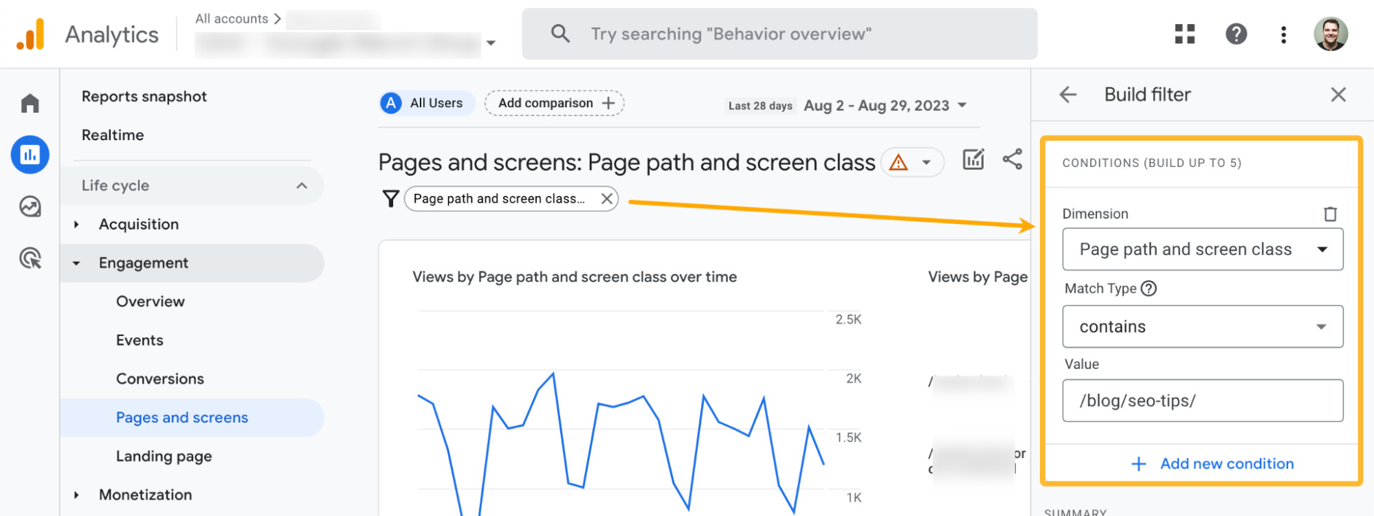 Controllo del traffico delle pagine in Google Analytics 4