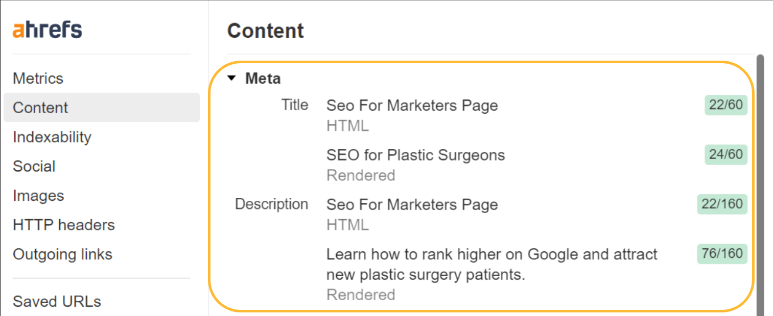 Raw and rendered titles and meta descriptions in Ahrefs' SEO Toolbar