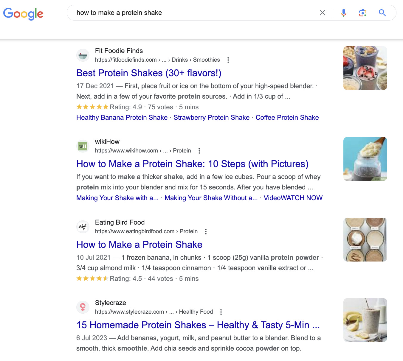 关键词"how to make a protein shake"的 Google SERP 