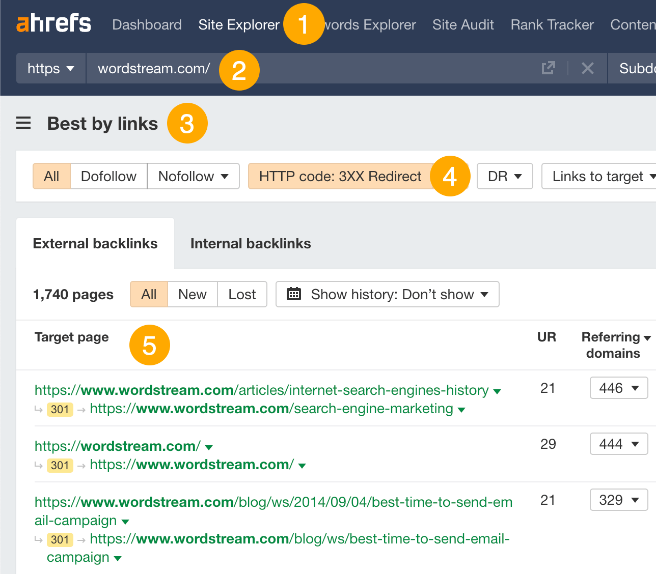 Finding 301 redirects with backlinks in Ahrefs' Site Explorer