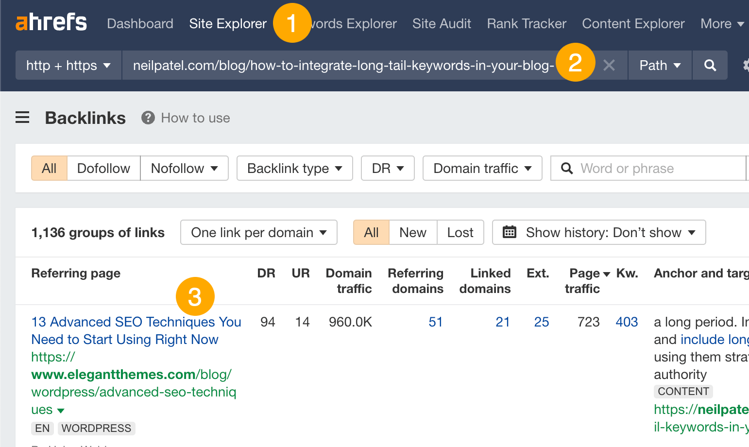 Finding backlinks to the page in Ahrefs' Site Explorer
