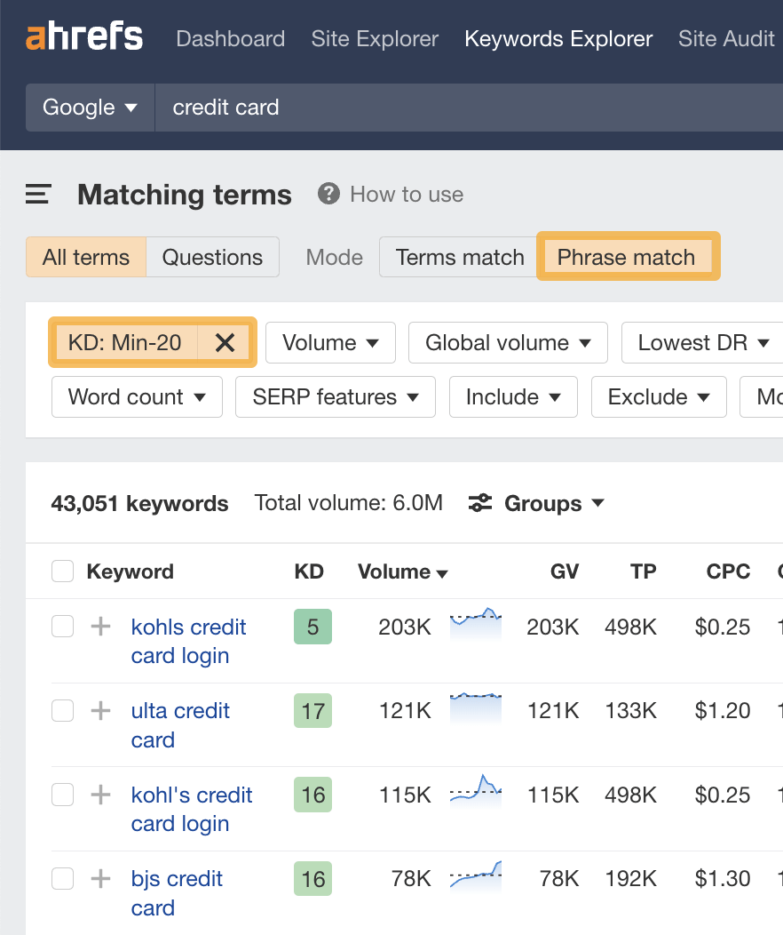 Mat،g terms report results with filters applied, via Ahrefs' Keywords Explorer

