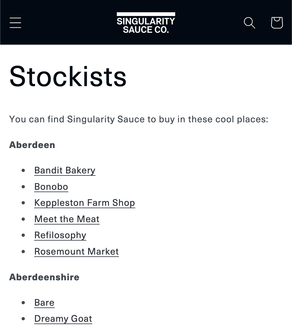 Example of a stockist page
