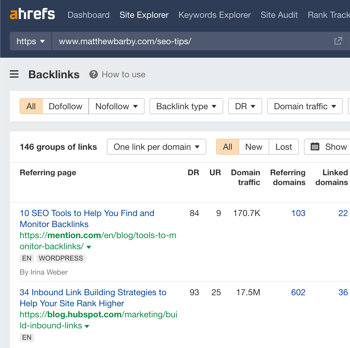 Backlinks to the broken page via Ahrefs' Site Explorer