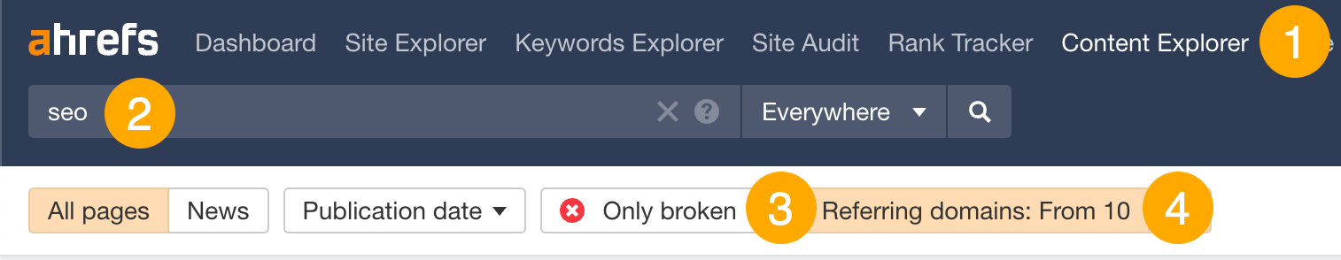 Broken pages with backlinks in Ahrefs' Content Explorer