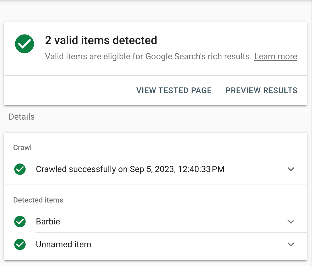 Valid items detection, via Rich Results Test
