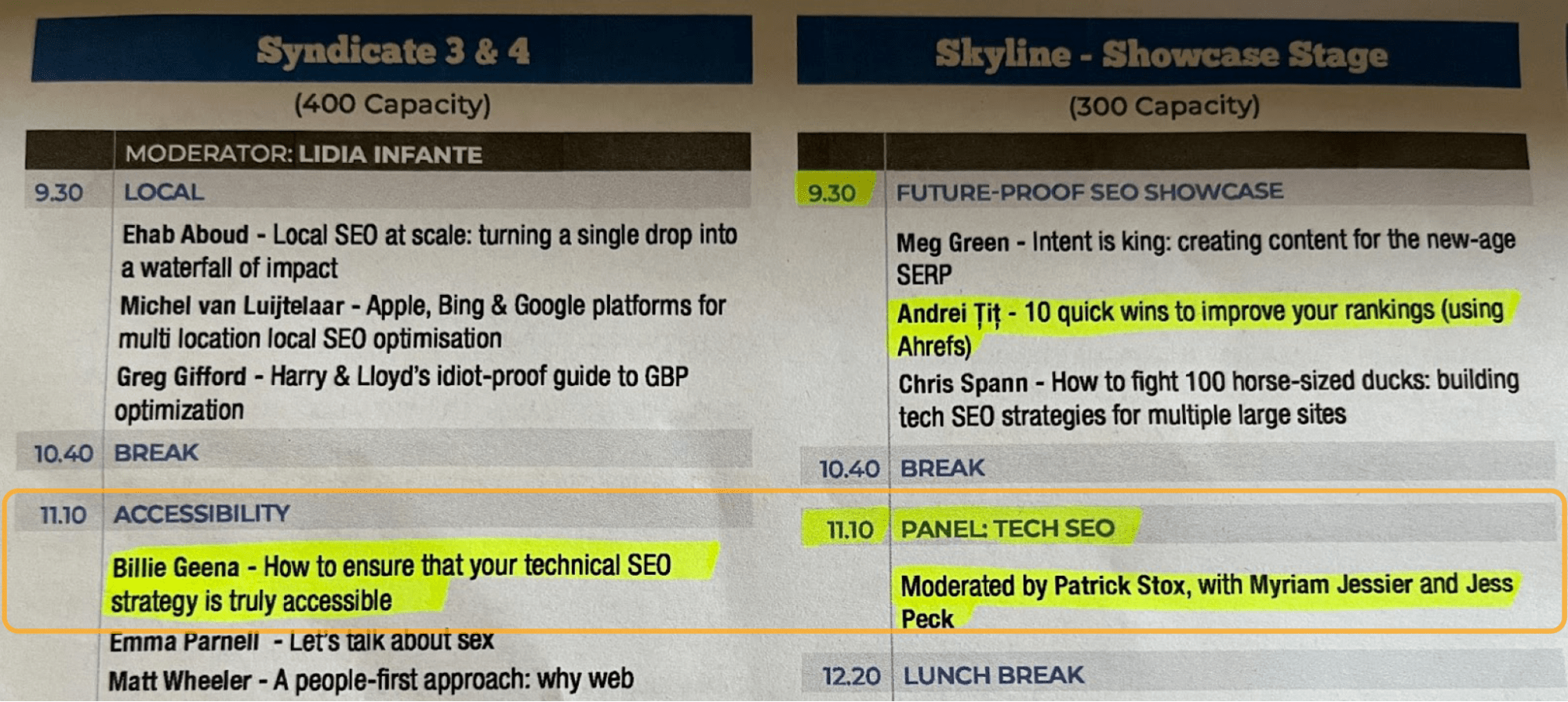 Snapshot of the BrightonSEO schedule with highlights
