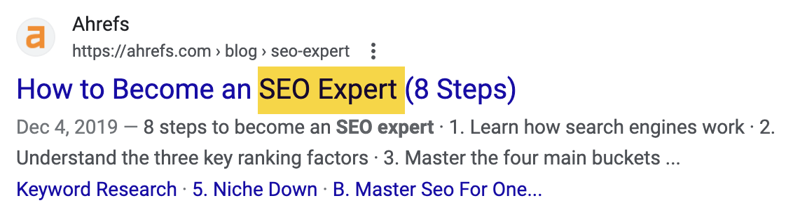 Target keyword in title of an Ahrefs post, via Google