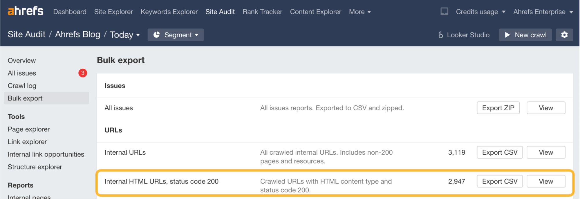 How to export internal HTML URLs in Ahrefs' Site Audit
