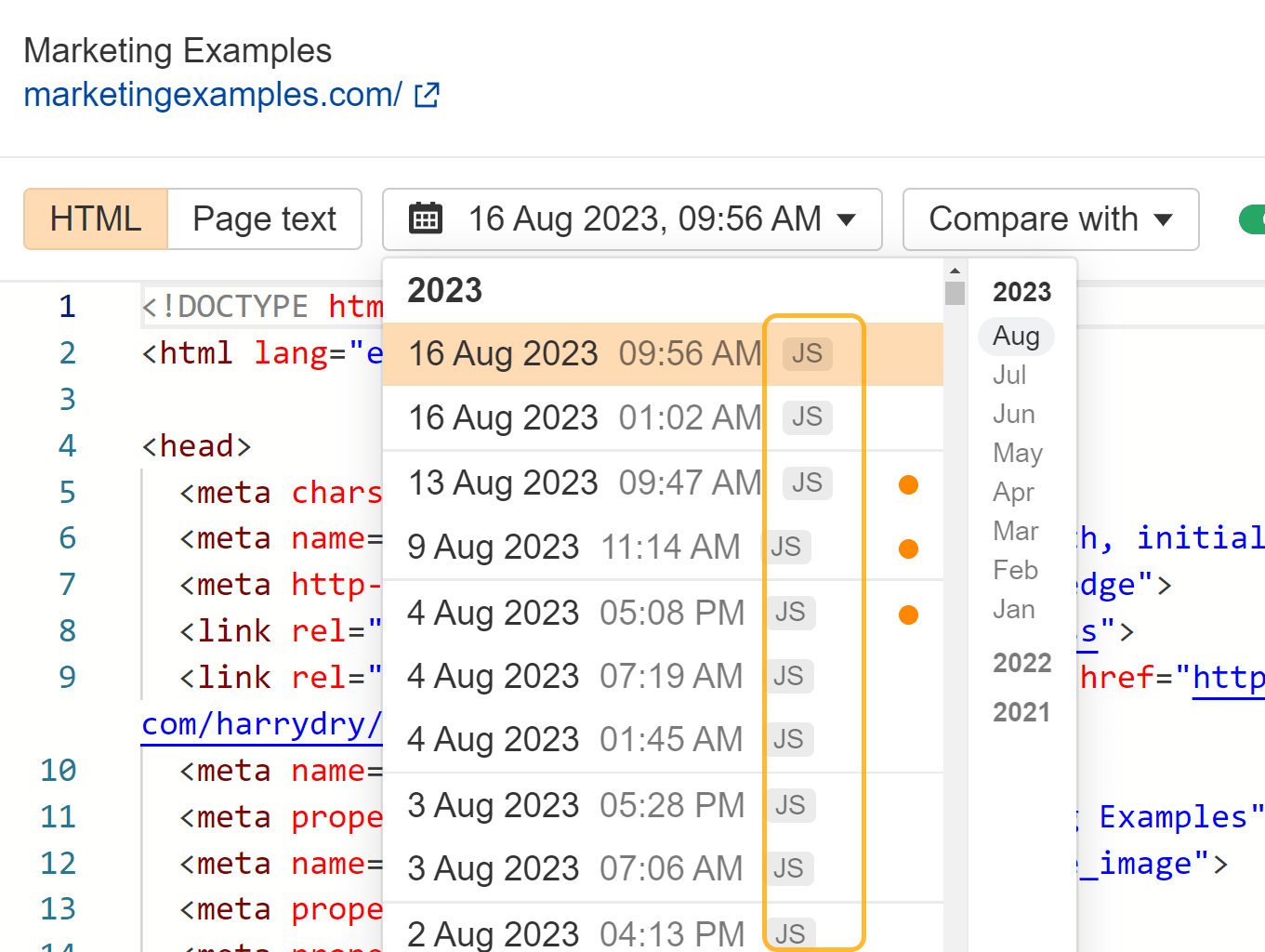 Pages crawled with JavaScript rendering in Ahrefs' Site Explorer