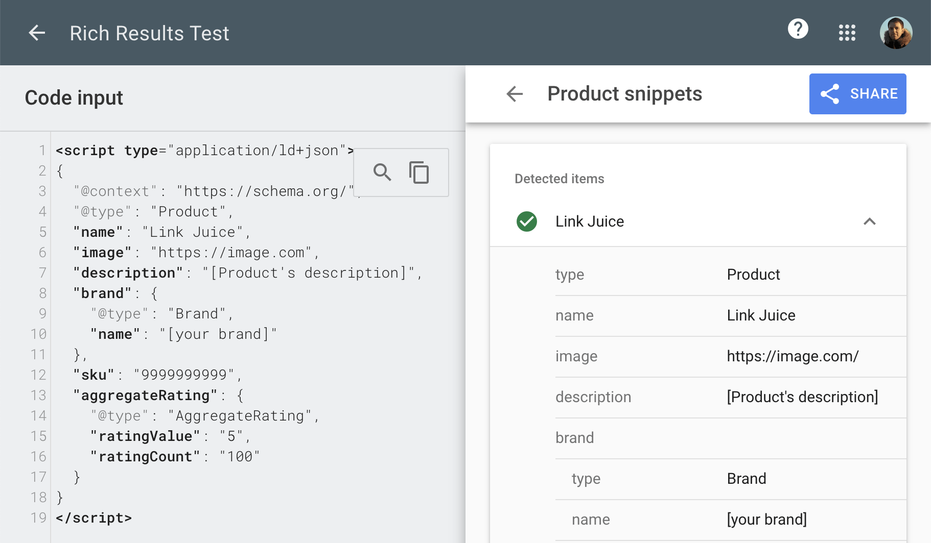 Code test example, via Rich Results Test
