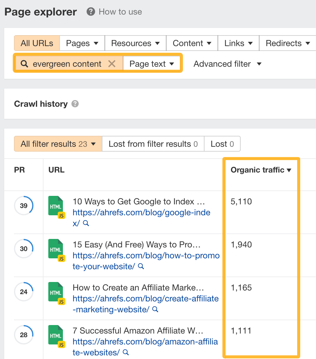 How to find pages with traffic on your website to add internal links from, via Ahrefs' Site Audit
