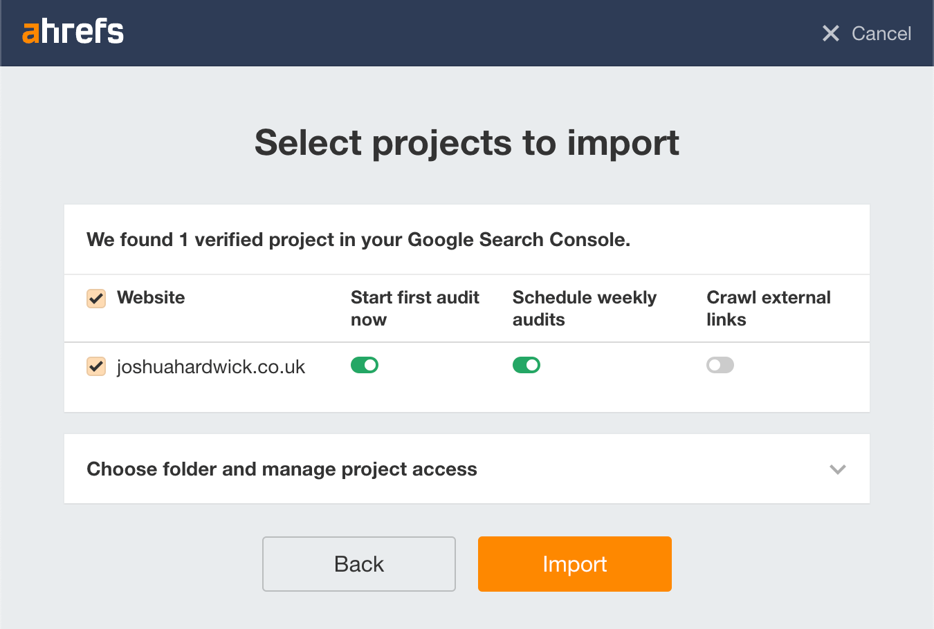 Selecting projects to import