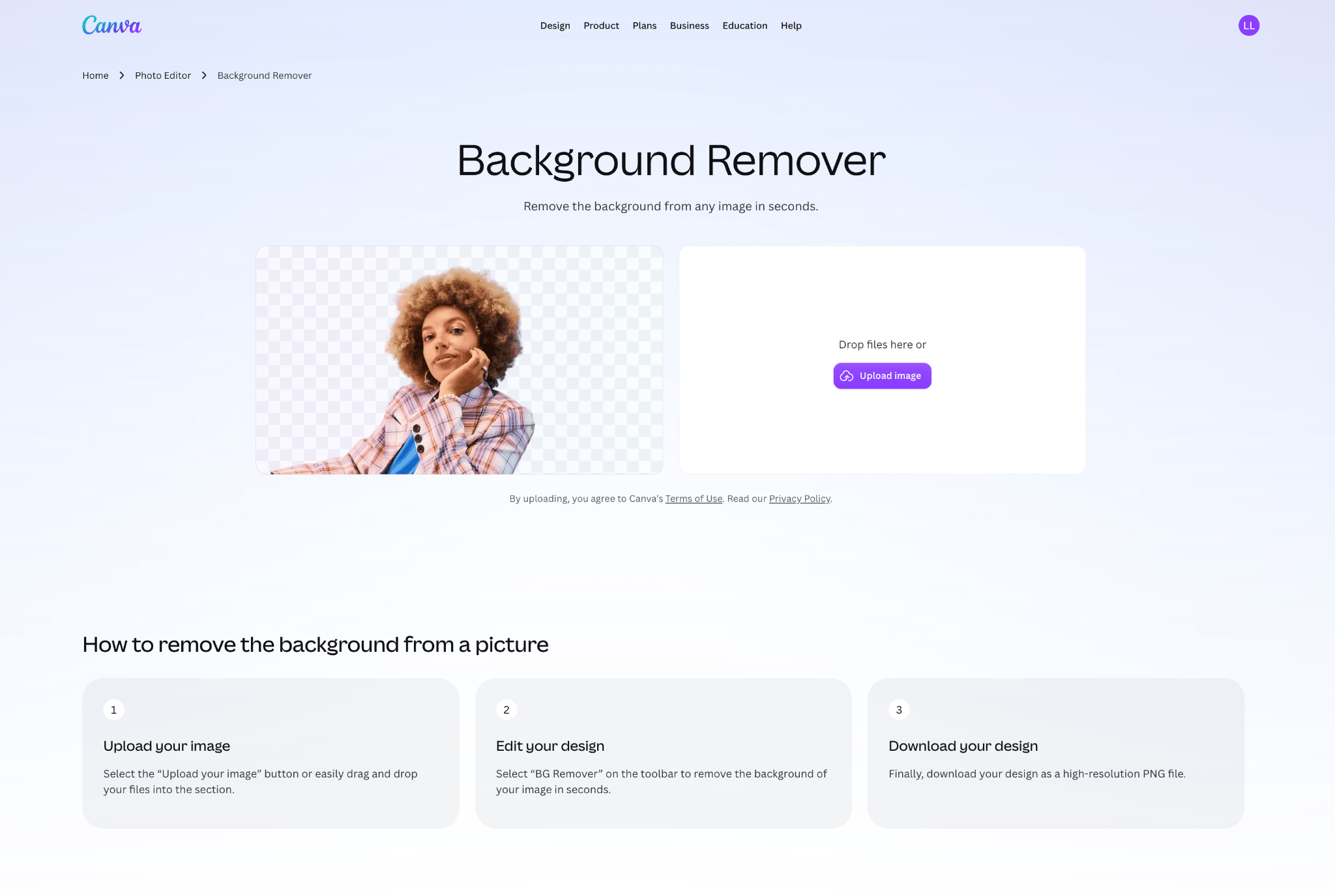 A Canva webpage for "Background Remover" with an example image of a person on a transparent background, an upload area, and instructions.