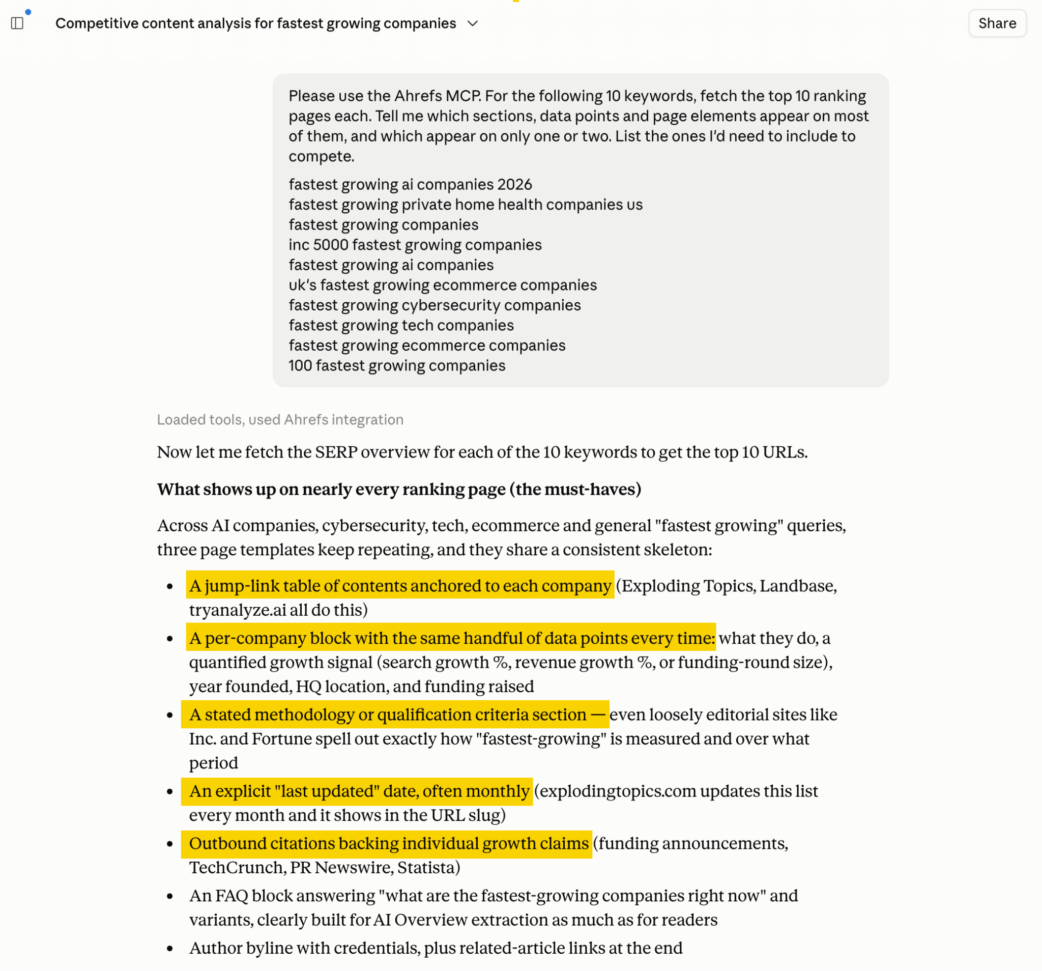 A screenshot of a competitive content analysis outlining common features on ranking pages for "fastest growing companies."