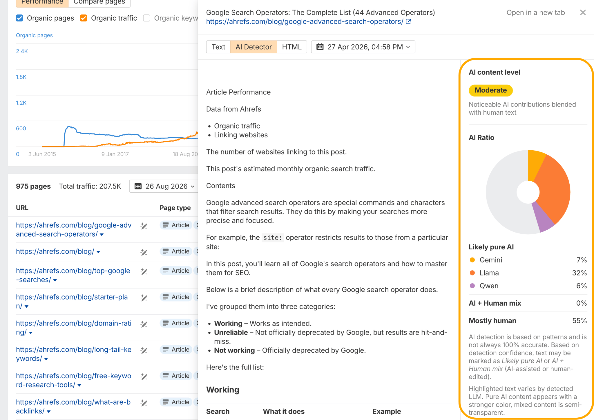 A screenshot of a content analysis tool, showing an article on Google Search Operators with "Moderate" AI content level and a 55% "Mostly human" ratio.