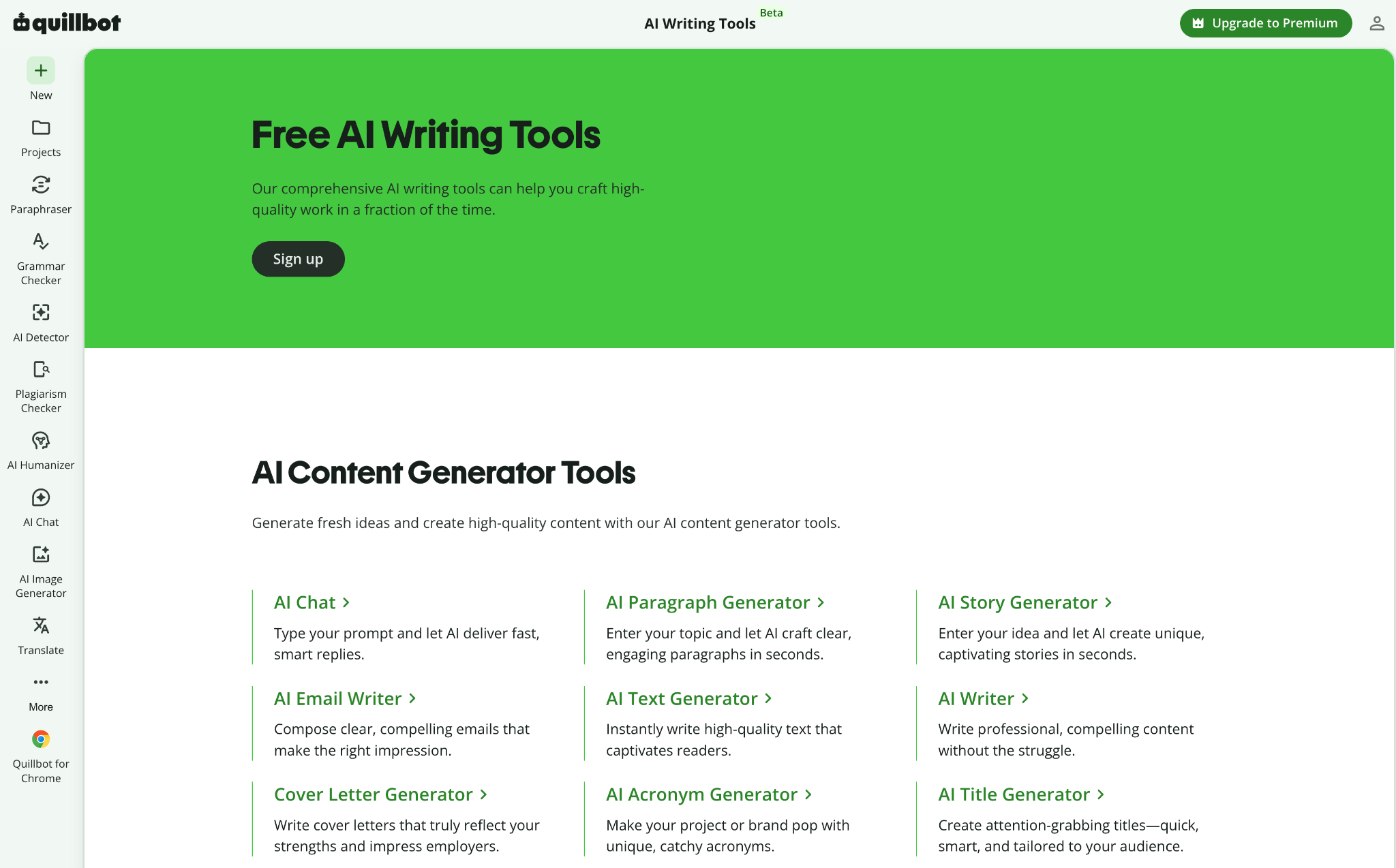 A website showcasing Quillbot's AI Writing Tools. Features include text generation, grammar checker, and content creation tools.