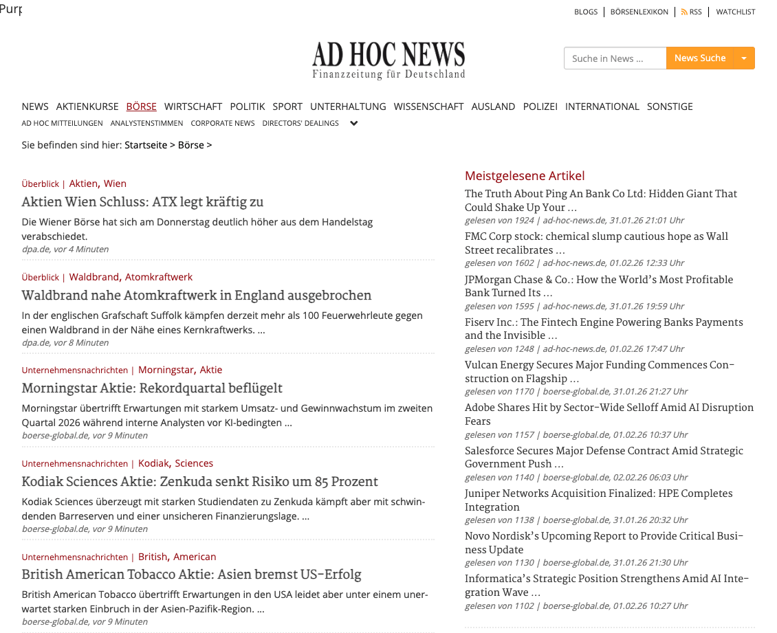 Ad Hoc News’ stock-news directory, showing the repeated stream of company- and event-led articles. 