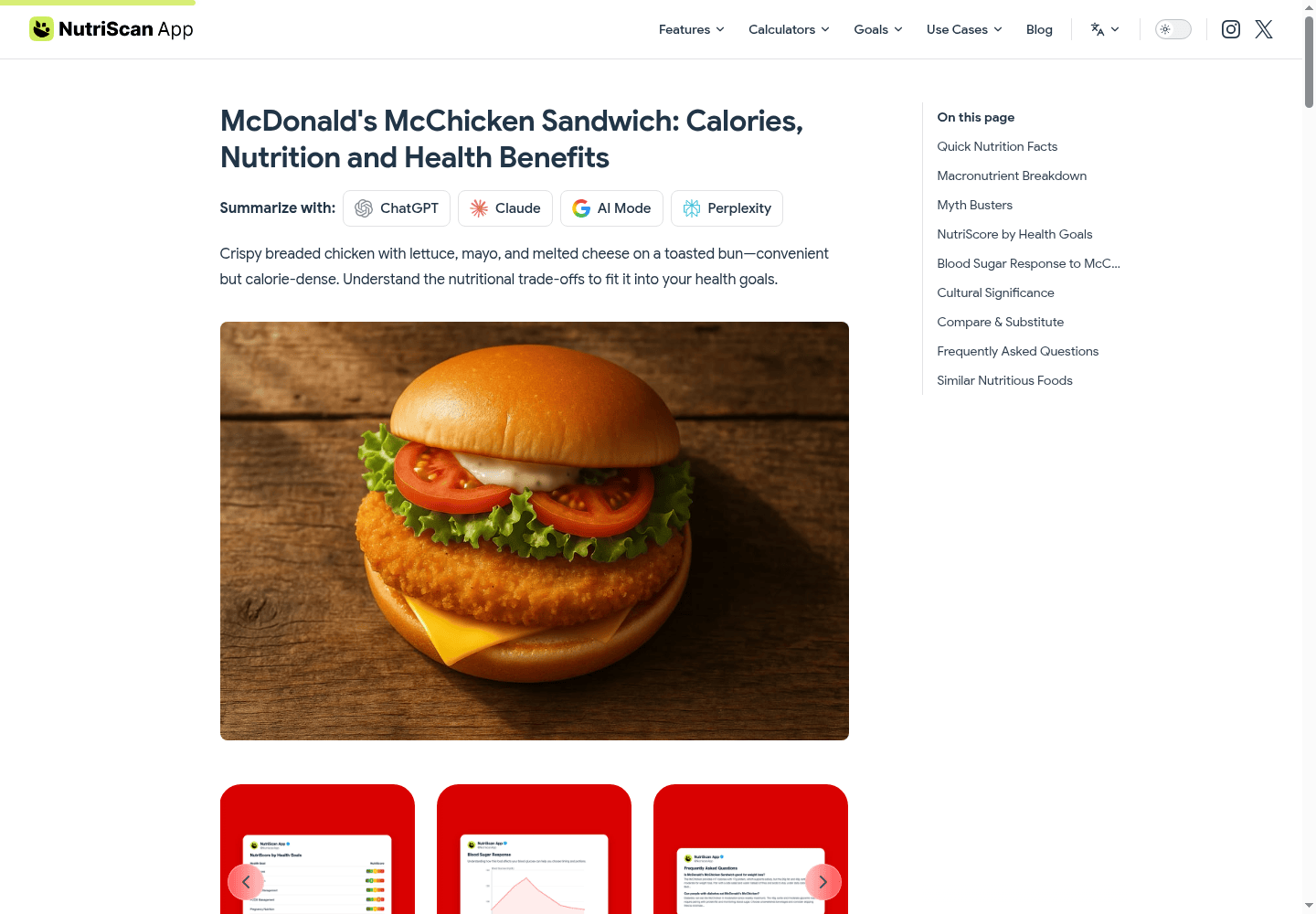 An example programmatic page for a McChicken, showing the standardized title, quick facts, health-goal analysis, blood-sugar guidance, comparisons, FAQs, and related foods. 