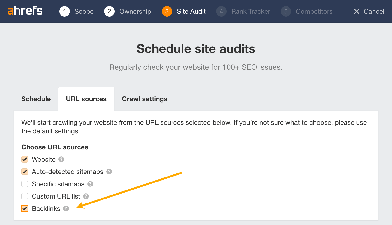 Turning connected  backlinks arsenic  a URL root   successful  Ahrefs' Site Audit