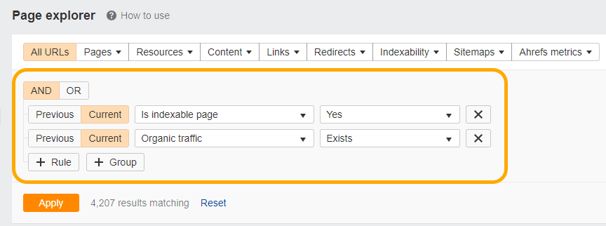Screenshot showing custom filters in the Page Explorer report in Ahrefs Site Audit tool
