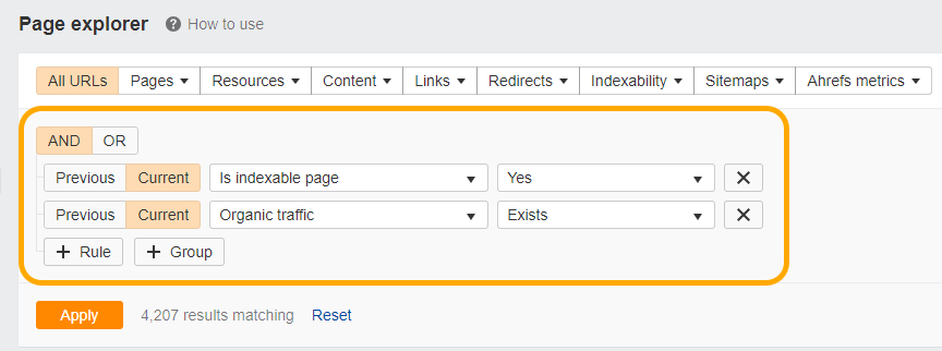 Ahrefs サイト監査ツールのページ エクスプローラー レポートのカスタム フィルターを示すスクリーンショット