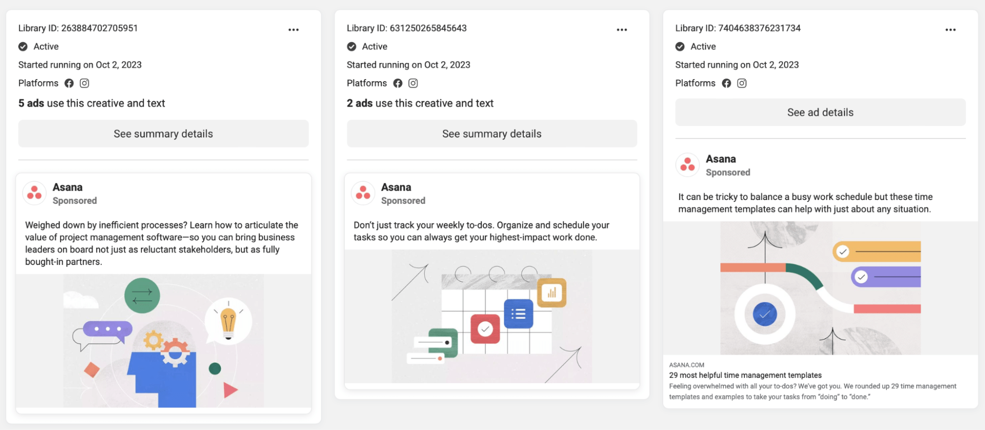 Meta ad library revealing a pattern among Asana's ads.