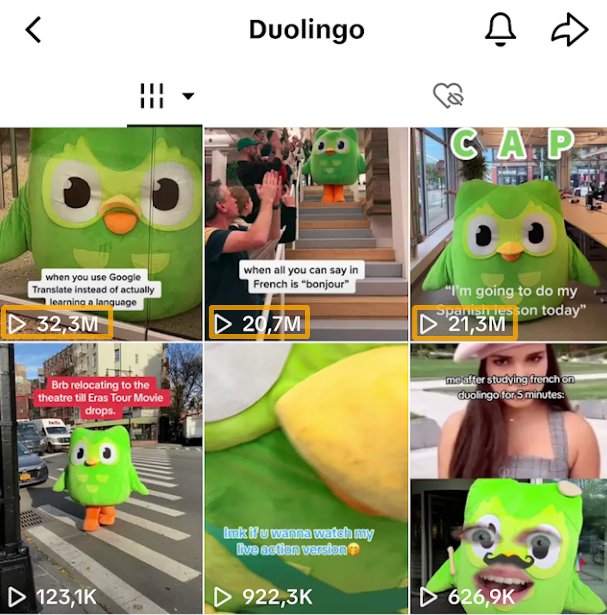 El ejemplo de Duolingo de videos cortos de aficionados que se volvieron virales.