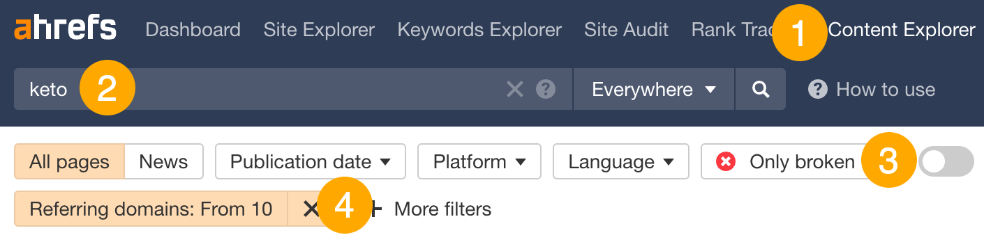Filters to find dead pages with links, via Ahrefs' Content Explorer