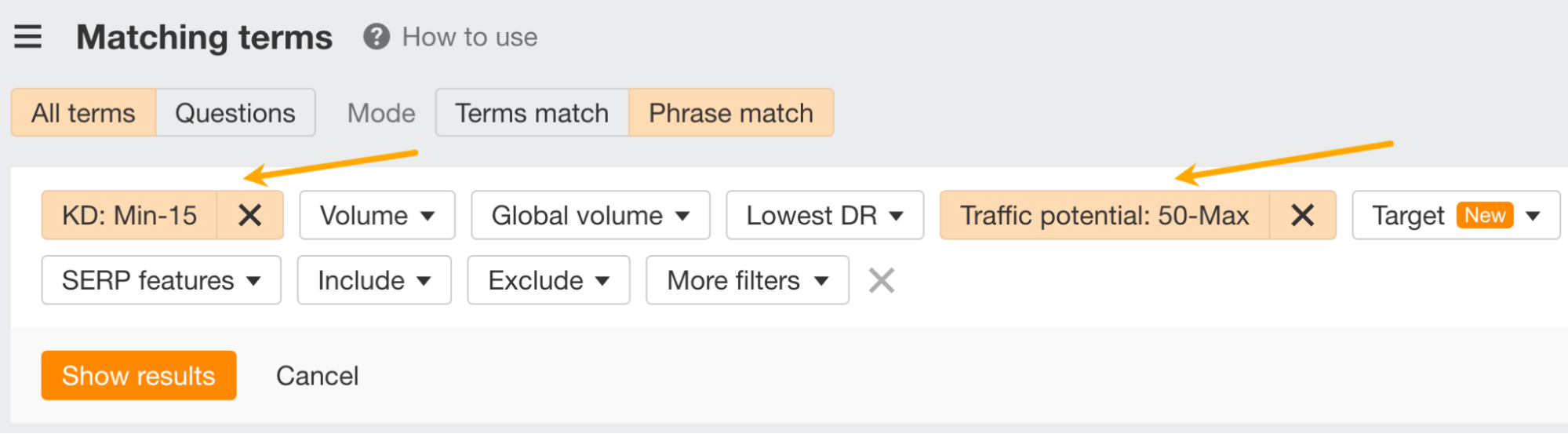 Refining keyword results using filters.