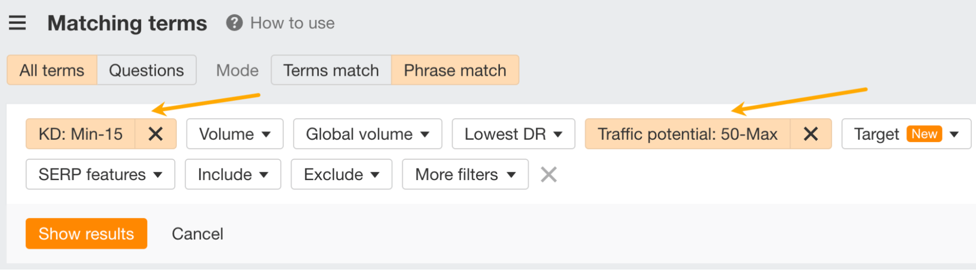 Verfeinern der Keyword-Ergebnisse mithilfe von Filtern.