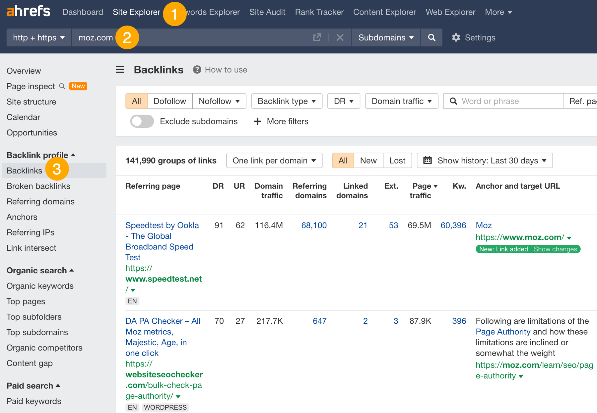 Backlinks report for Moz.com, via Ahrefs' Site Explorer