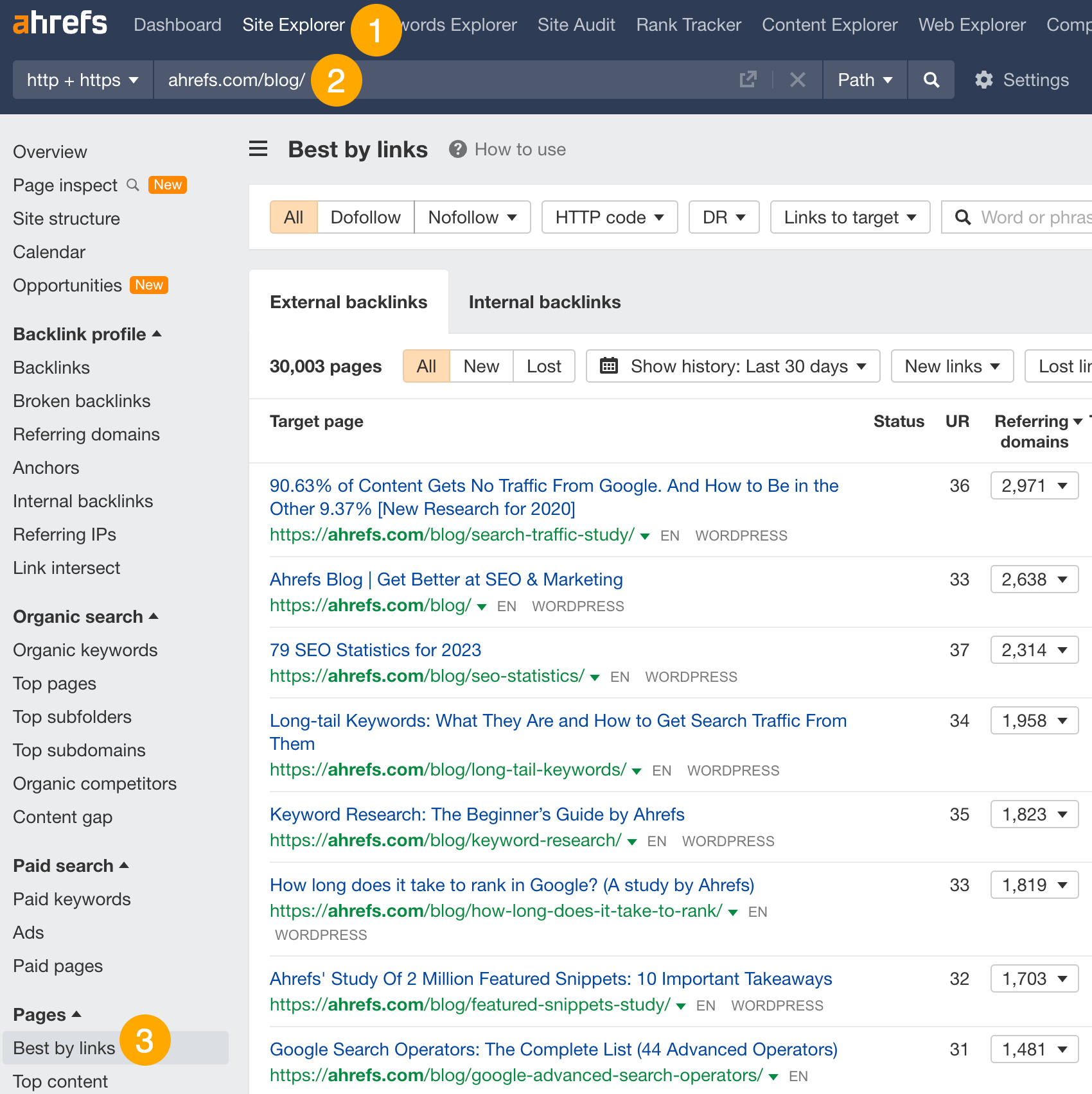 The most linked-to content on Ahrefs blog, via Ahrefs' Site Explorer