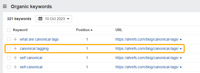 Organic keywords report in Ahrefs showing a first-place ranking for the keyword "canonical tagging"
