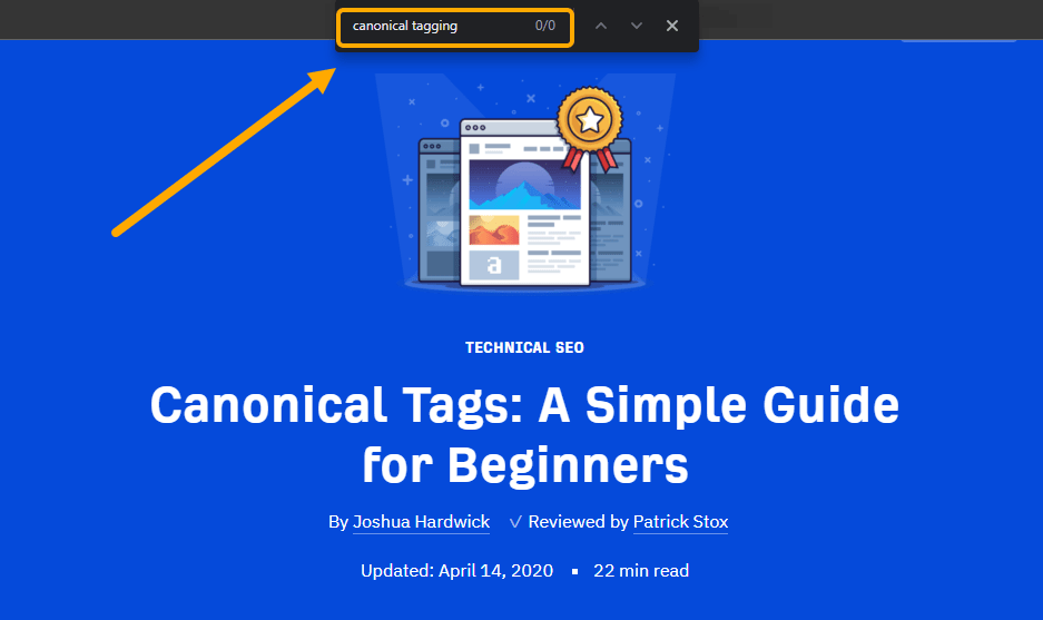 Screenshot showing an article about canonical tags that doesn't not include the phrase "canonical tagging"
