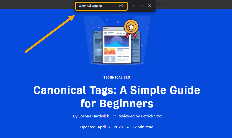 Capture d'écran montrant un article sur les balises canoniques qui n'inclut pas l'expression « marquage canonique »