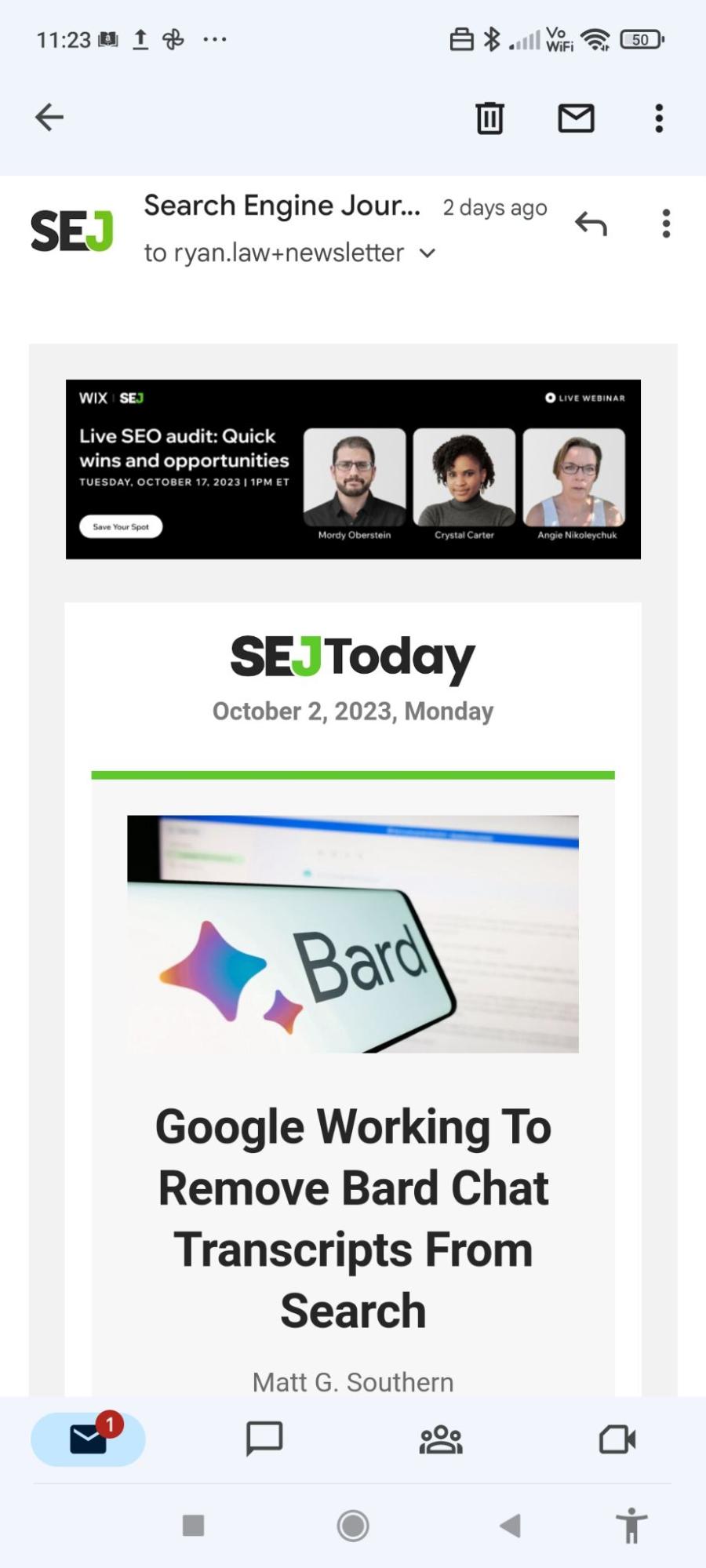 Inbox screenshot of the Search Engine Journal newsletter
