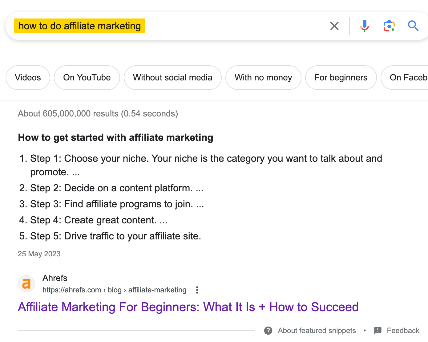 Ahrefs ranking #1 on a Google SERP for "how to do affiliate marketing"
