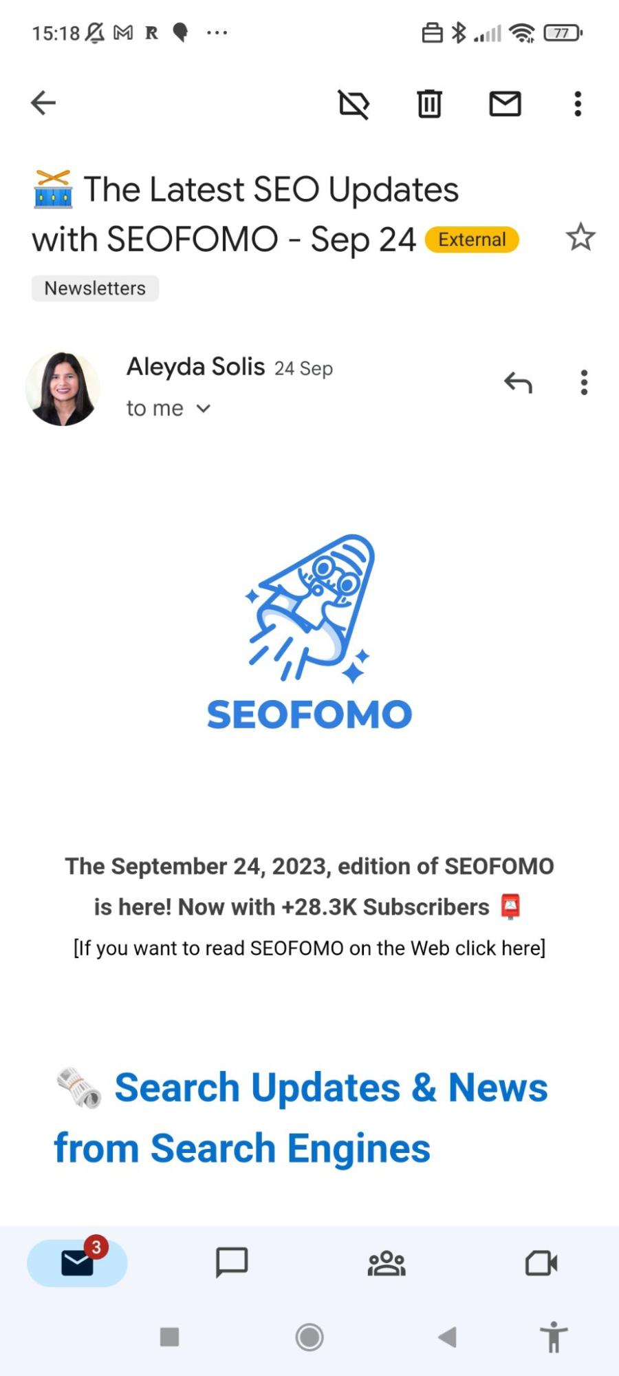 Inbox screenshot of the SEOFOMO newsletter
