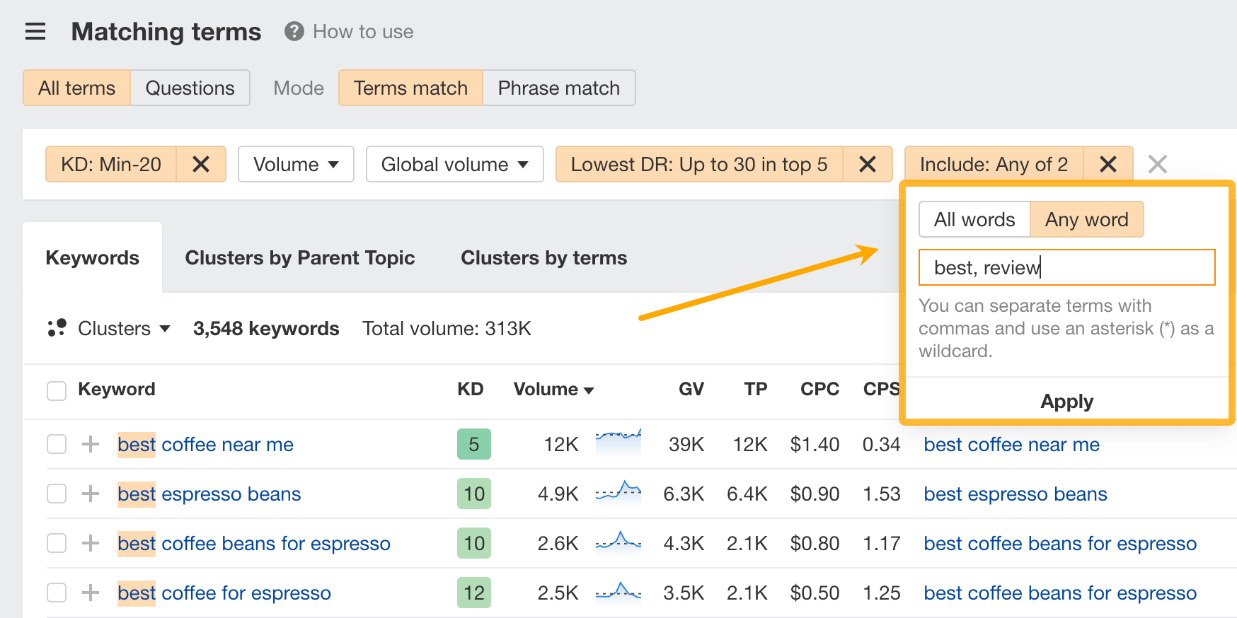 Filtering for keywords containing "best" or "review"
