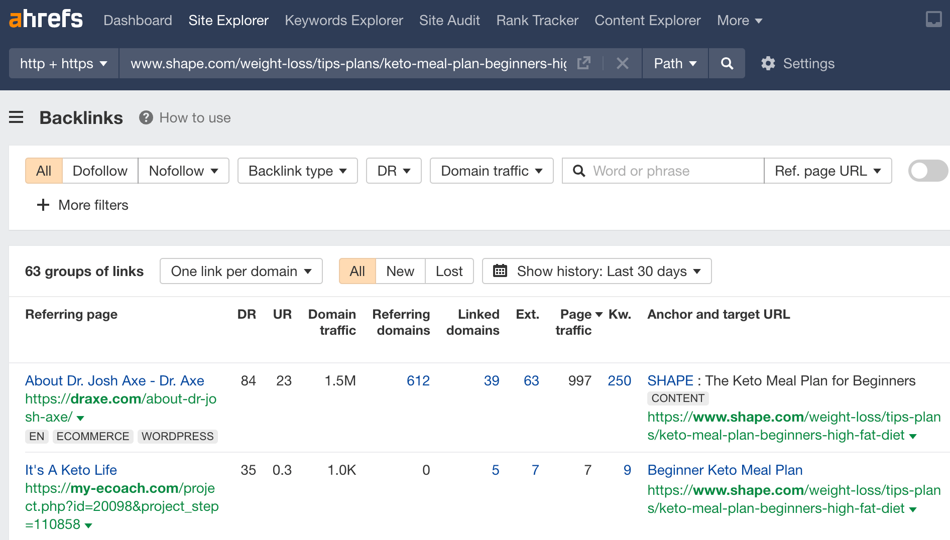 Vérification du profil de backlink de la page morte, via l'explorateur de site d'Ahrefs