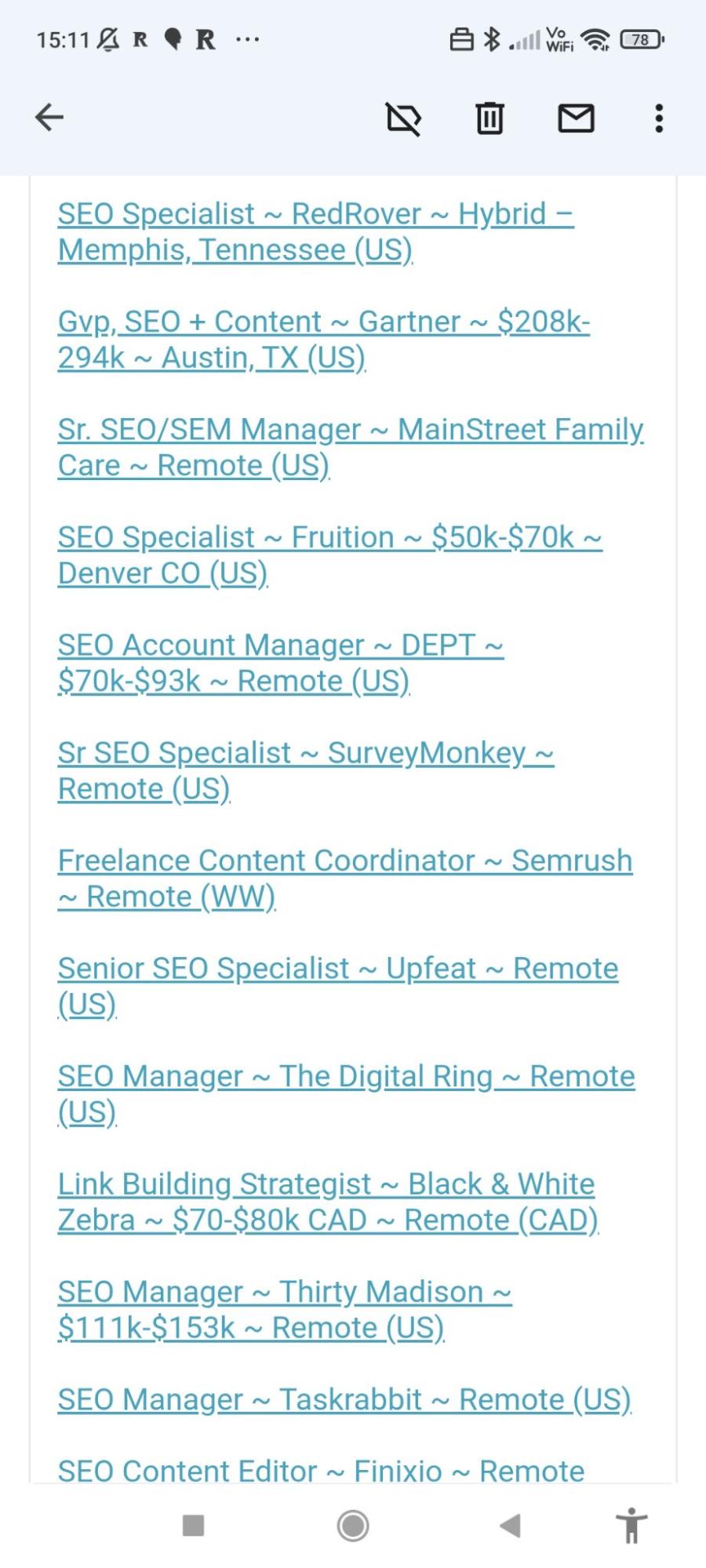 Inbox screenshot of the SEO Jobs newsletter
