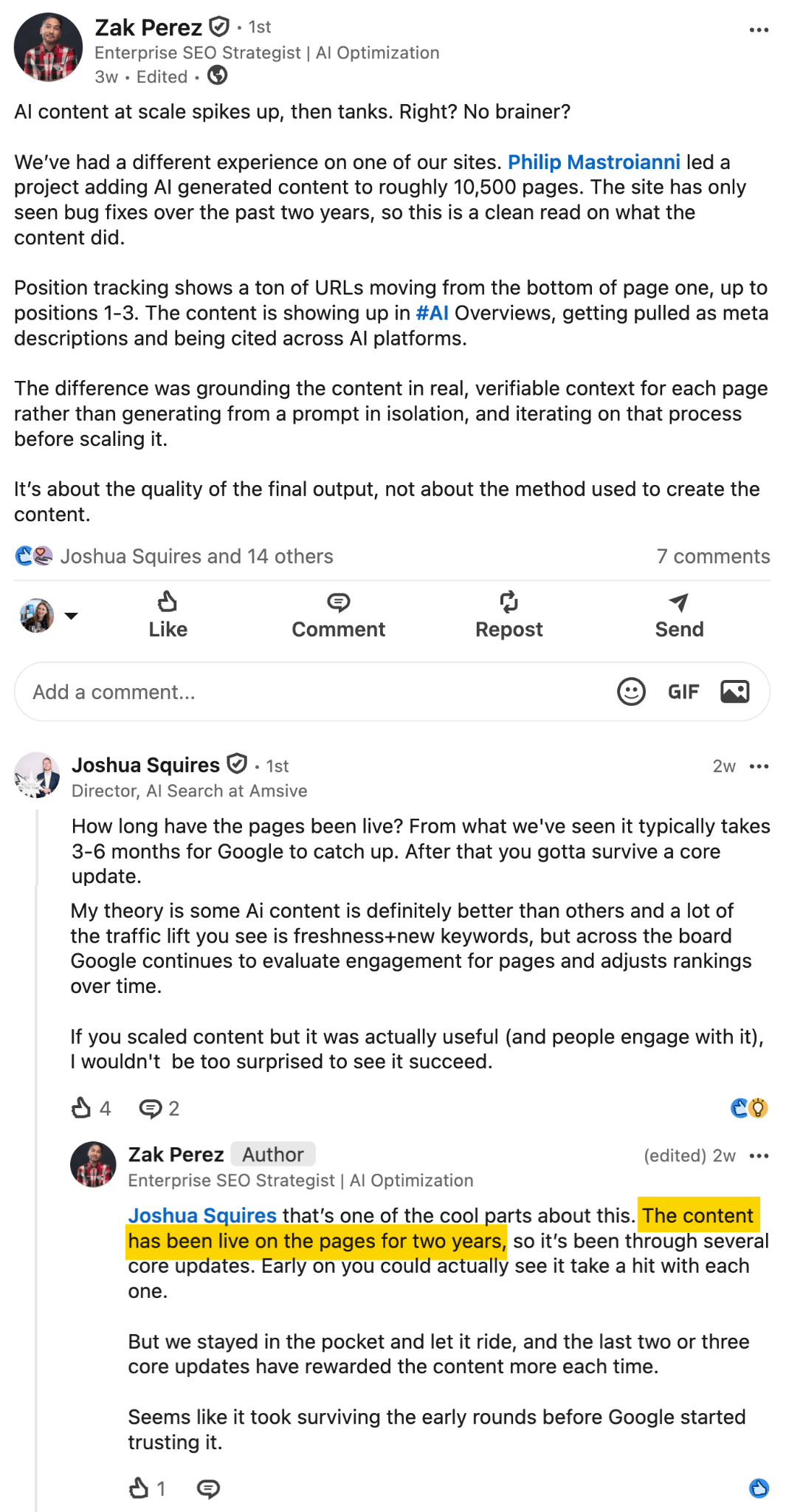 LinkedIn post by Zak Perez on AI-generated content performing well over two years, with Joshua Squires' comment and Perez's reply.