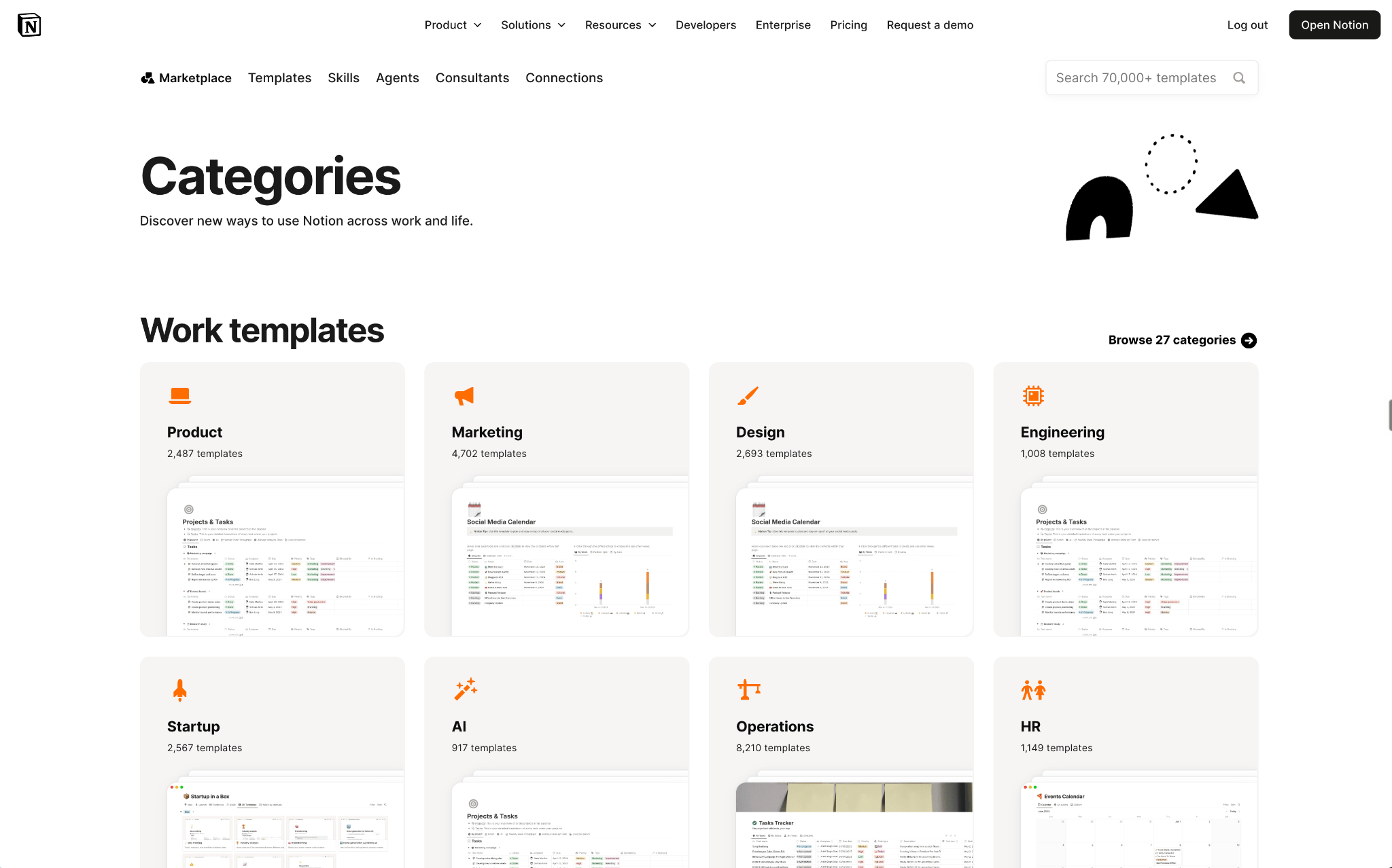 Notion's template marketplace showing "Categories." A grid of "Work templates" includes Product, Marketing, Design, Engineering, Startup, AI, Operations, and HR categories, each with an icon, template count, and small preview.