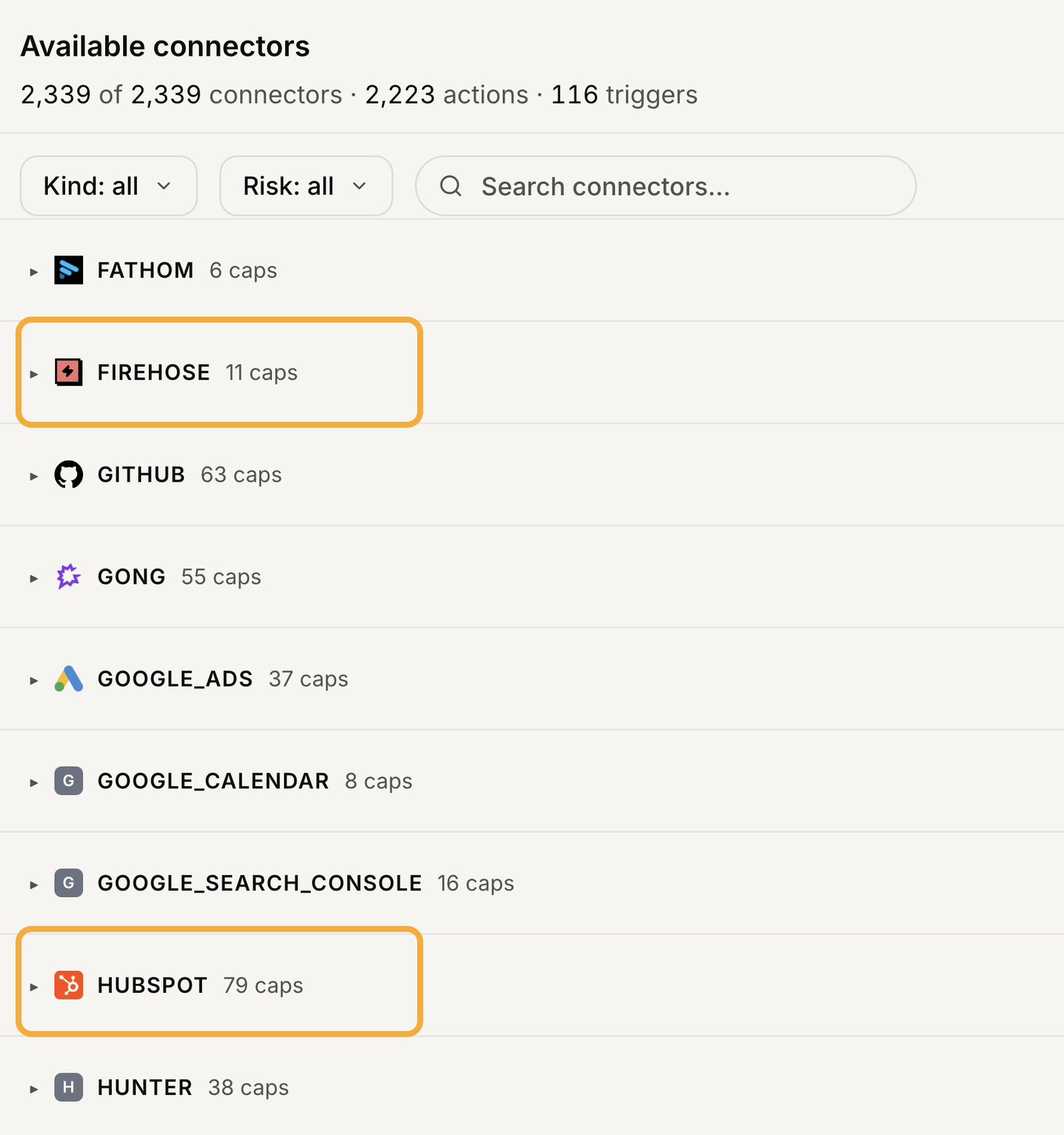 The available connectors list in Letaido, showing 2,339 connectors with 2,223 actions and 116 triggers. Firehose, with 11 capabilities, and HubSpot, with 79, are both highlighted, alongside others including GitHub, Gong, Google Ads, Google Search Console and Hunter.